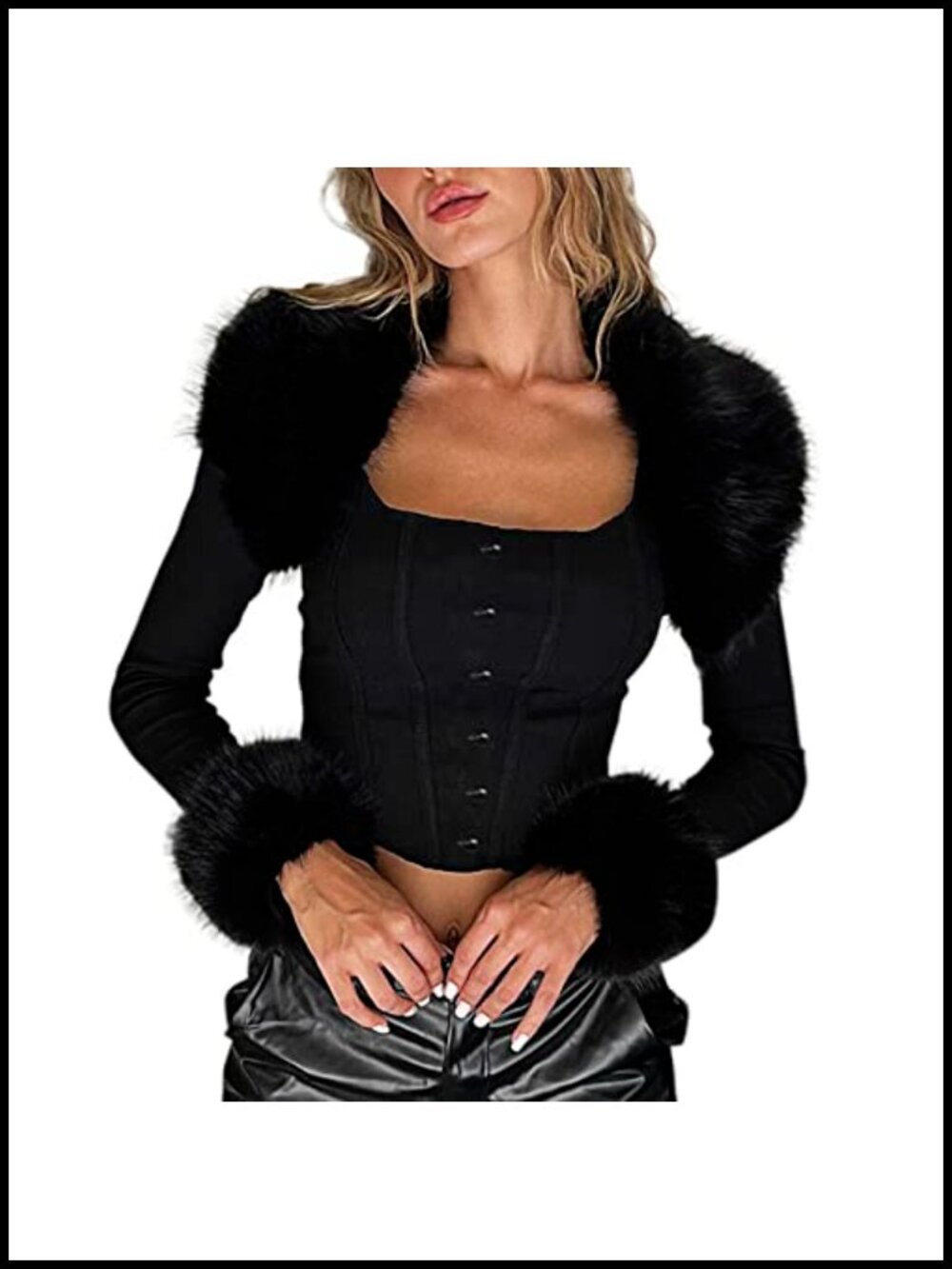 Women Long Sleeve Crop Jacket Faux Fur Collar Lightweight Casual Clubwear